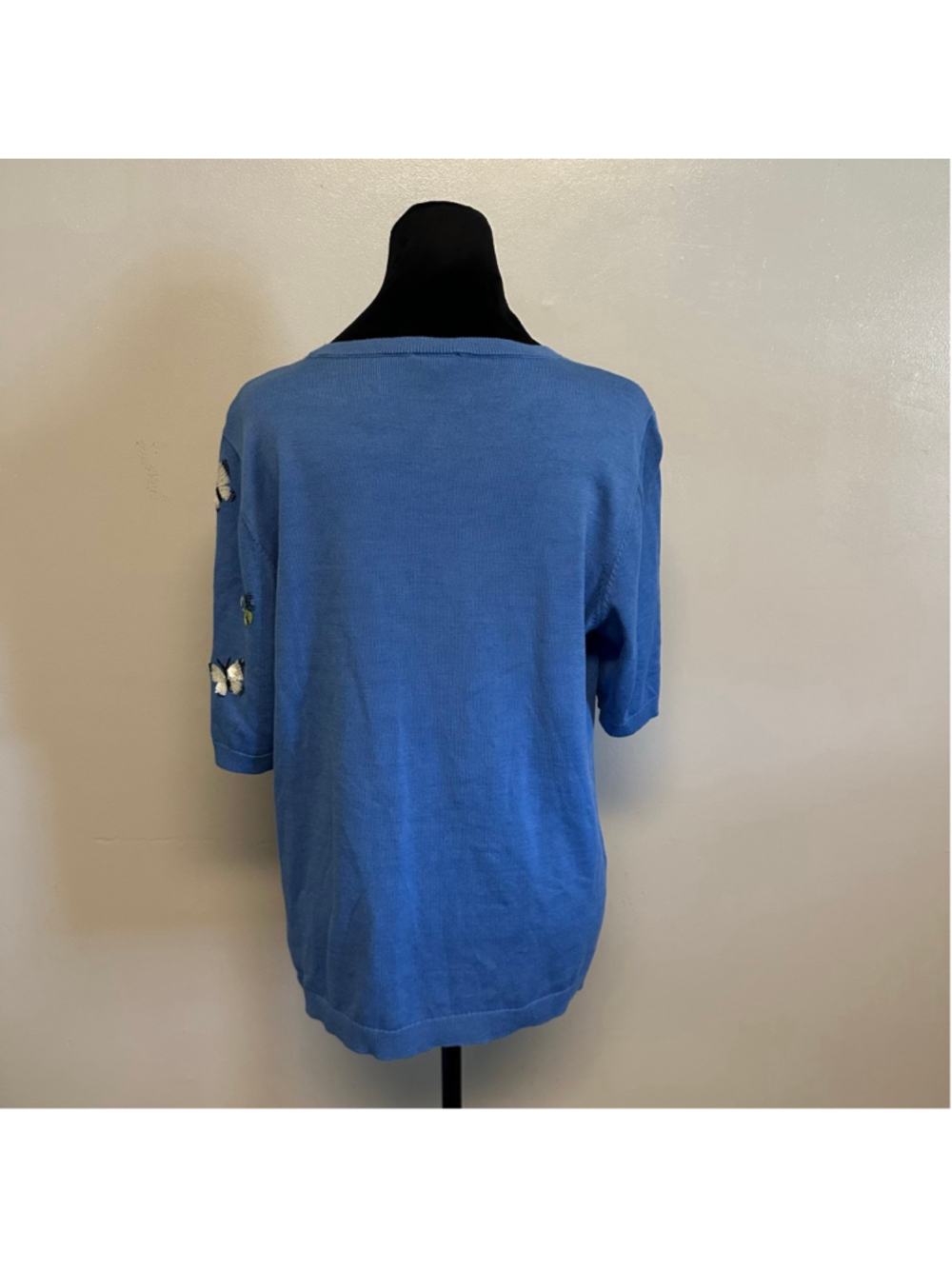Talbots Blue Butterfly Sequin Crew Neck Blouse Short Sleeve Size XL Granny Core - Picture 4 of 8